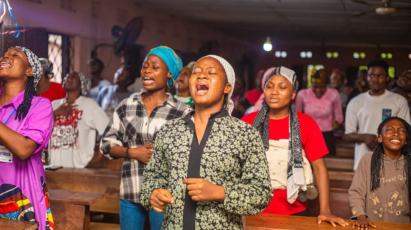 Students worshipping together at the Worship and Word Conference, Gateway ICT Polytechnic, Aiyepe